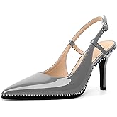 Esvowido Slingback High Heels for Women Pointed Closed Toe Pumps with Adjustable Buckle 3.5 Inch Slip on Beaded Dressy Shoes