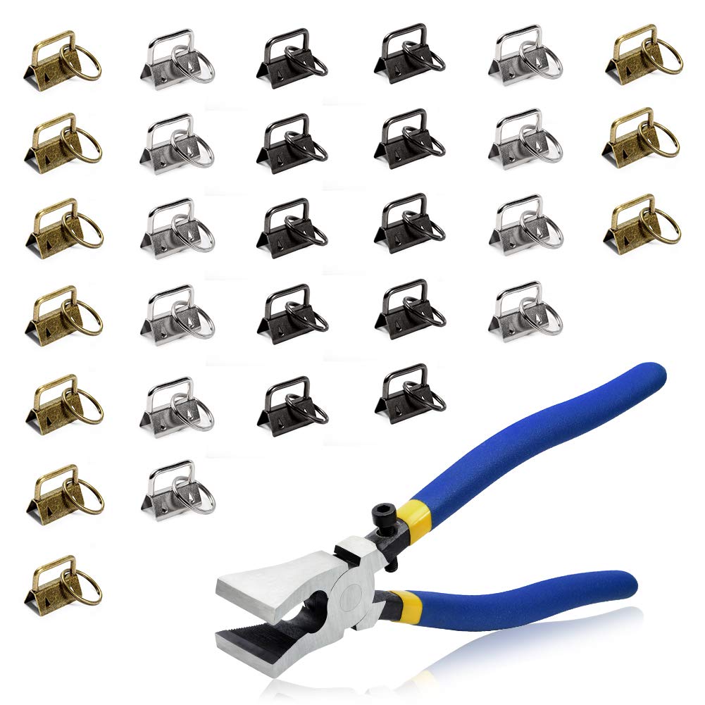 SPEEDWOX 30 Sets Key Chain Fob Hardware Set with Split Rings Glass Breaking Pliers for 1" Webbing Fabric Strapping Wristlet Key Fob Antique Black/Antique Brass/White Nickel Tools