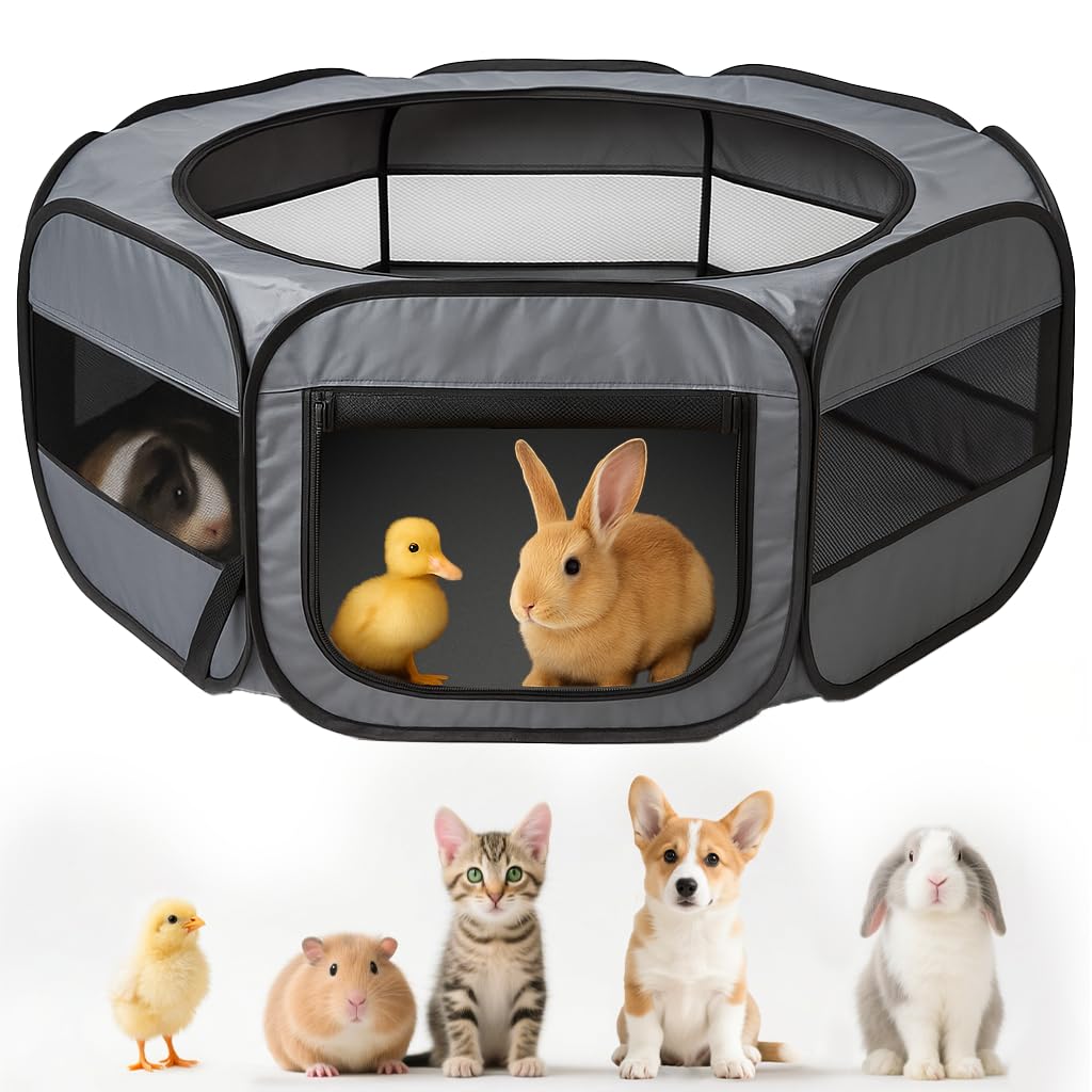 Photo 1 of UWE Extra Large Small Animal Playpen, XL Portable Pet Playpen for Rabbit, Kitten, Guinea Pig, Hamster, Puppy – Waterproof Foldable Mesh Tent with Zipper Cover, Indoor Outdoor Use, Dark Grey