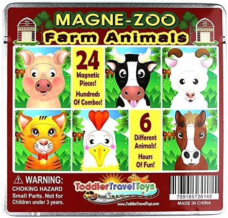 Funny Magnetic Farm Animal Faces - Magnet Wooden Puzzle Pieces in Tin Travel Case for Kids, Toddlers, Children - Cute Silly Animals - Pig Cow Sheep Chicken Mouse Horse - Great for Home, Plane or Car