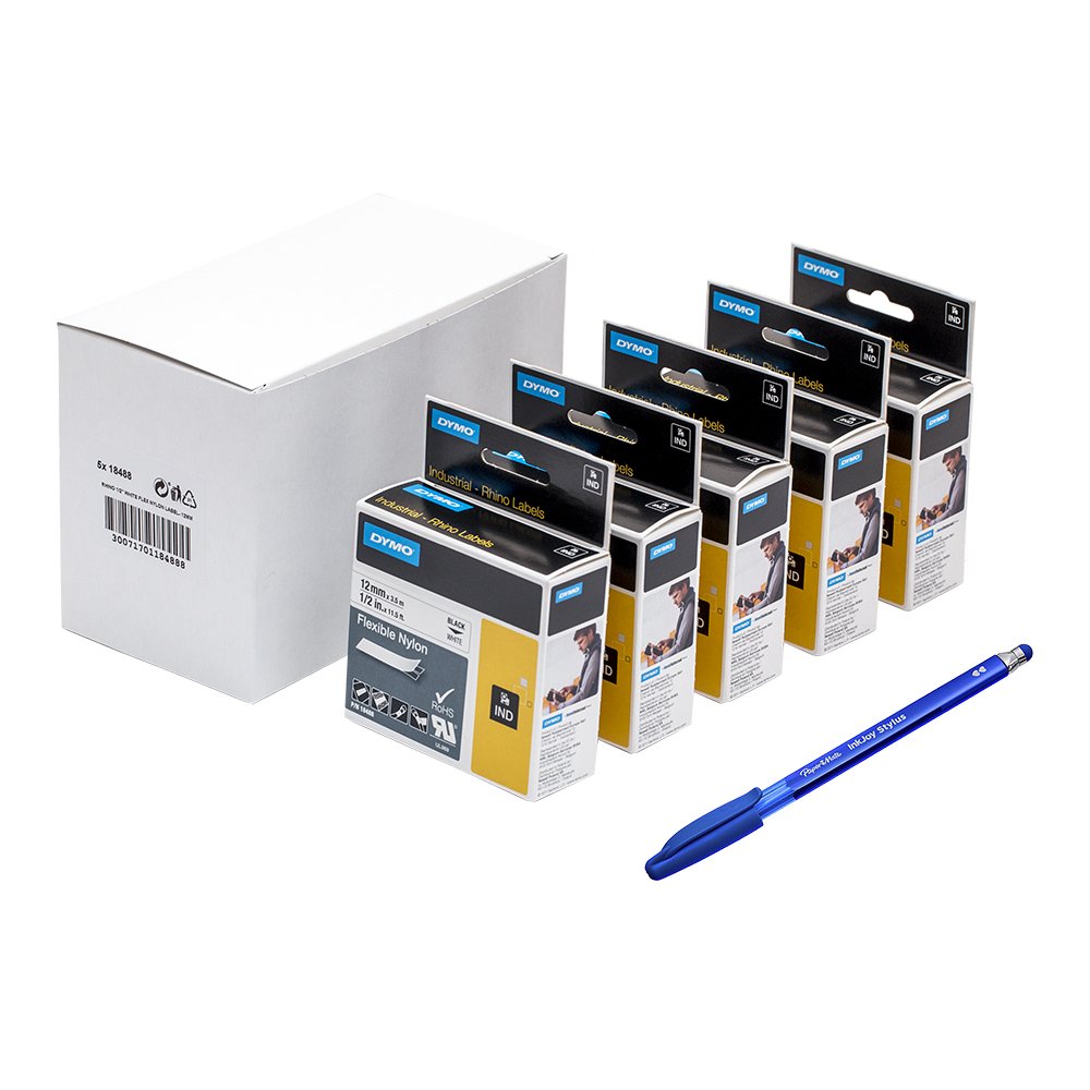 Dymo 5 x 18488 Rhino Adhesive Nylon Thermal Transfer Label Tape, 12 mm x 3.5 m Cassette - Black Print on White + PaperMate Pen Gift
