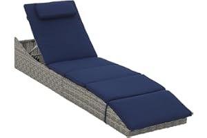 Soleil Jardin Folding Outdoor Adjustable Chaise Lounge Chair with Removable Cushion, Fully Assembled, Patio PE Rattan Reclining Lounger for Pool Beach, Dark Blue