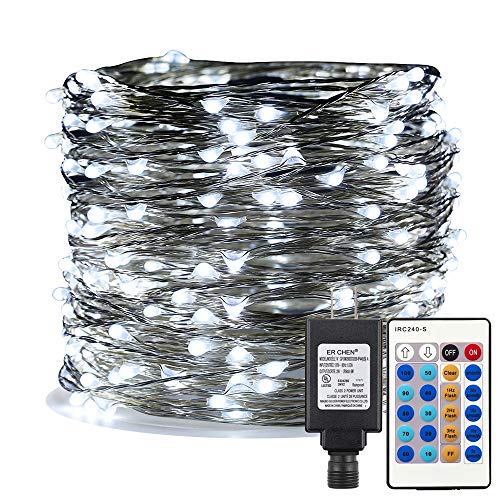 ER CHEN Cool White LED String Lights Plug in, 99ft 300 LED Long Fairy Lights Dimmable Remote, Indoor/Outdoor Silver Coated Copper Wire Decorative Lights Bedroom, Patio, Garden, Yard