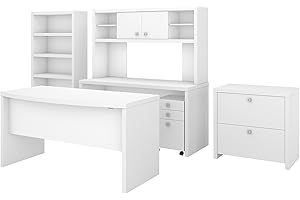 Bush Business Furniture Echo Bow Front Desk, Credenza with Hutch, Bookcase and File Cabinets, 60W, Pure White