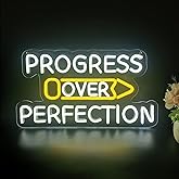 Progress Over Perfection Neon Sign for Wall Decor Dimmable Neon LIght for Classroom Office Gym Led Wall Art Neon Light for Yoga Bedroom Kids Motivational Neon Sign Christmas Gift (16.5in*9in)