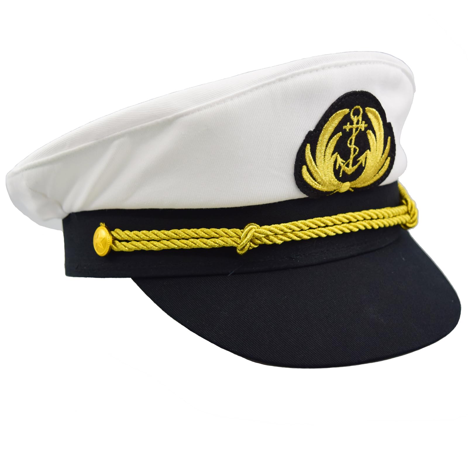 Photo 1 of Chiclinco Admiral Captain Yacht Hat with Adjustable Snapback & Gold Embroidery Anchor Skippers Cap for Club Pub Party Costume Accessory (White 1)