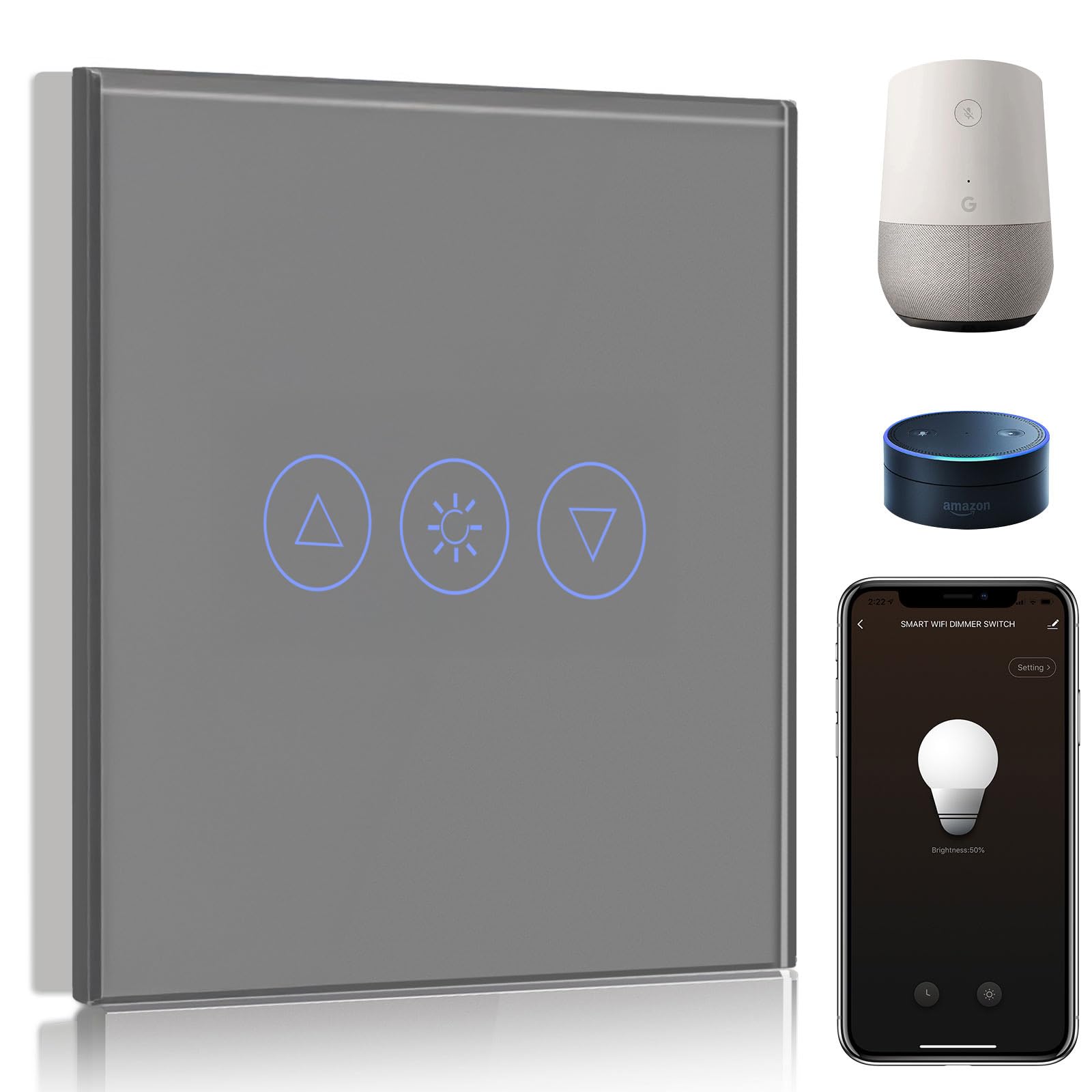 BSEED Smart Dimmer Switch 1 Gang 1 Way,WiFi Dimmer Switch Compatible with Alexa and Google Home,500W Smart Light Switch Grey with Smart Life APP Control and Timing Function (Neutral Wire Need)