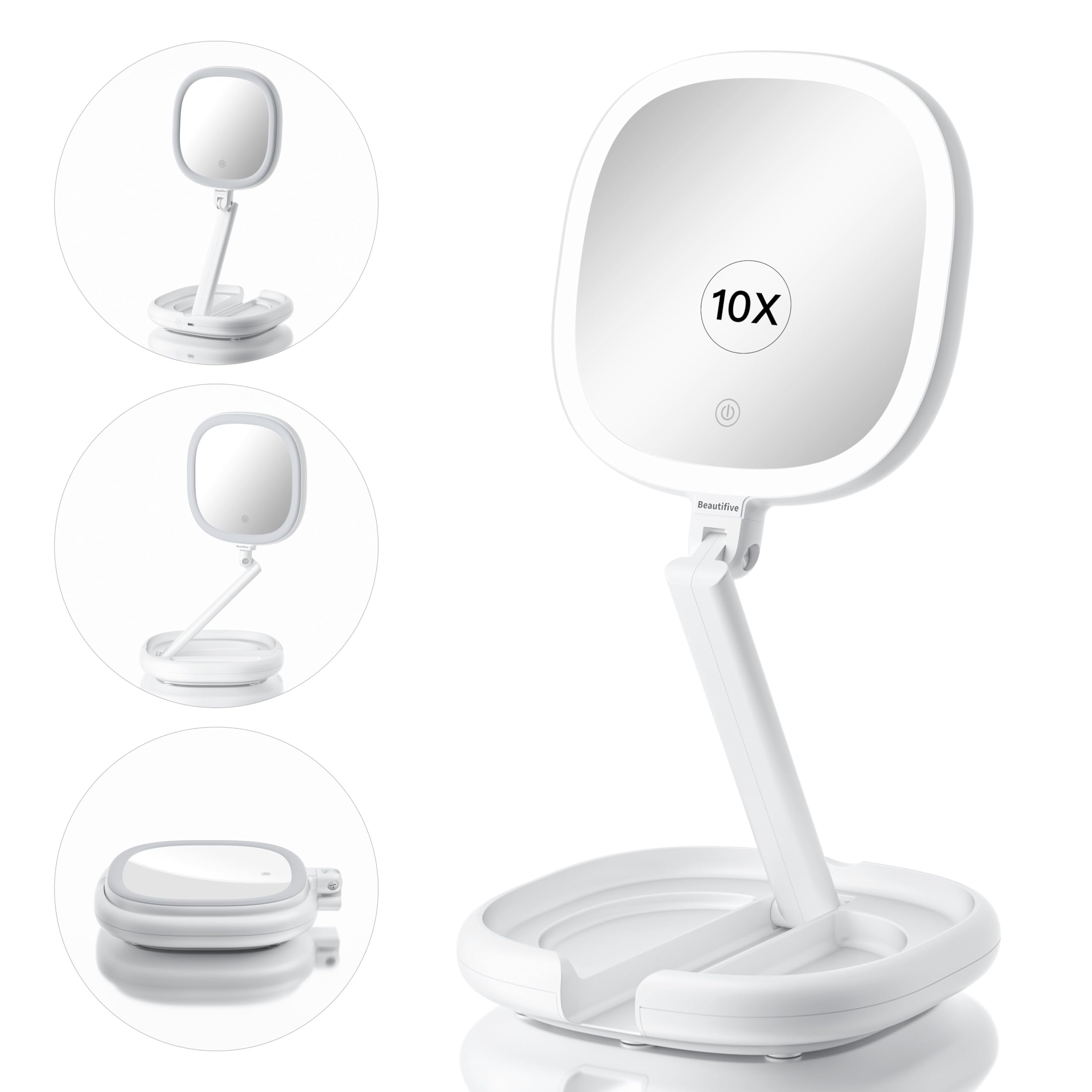 Beautifive LED Vanity Mirror with Lights, 10x Magnifying, Adjustable Height, Foldable, White, 13.7 x 1.6 Inches