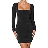 Mokoru Women's Sexy Ruched Bodycon Square Neck Long Sleeve Tight Party Mini Dress