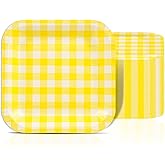 EVYIENEN 50 Pcs Yellow Striped Paper Plates 7 Inch Disposable Square Dinner Dessert Serving Party Plates for Birthday Wedding Bridal Baby Shower Party Supplies