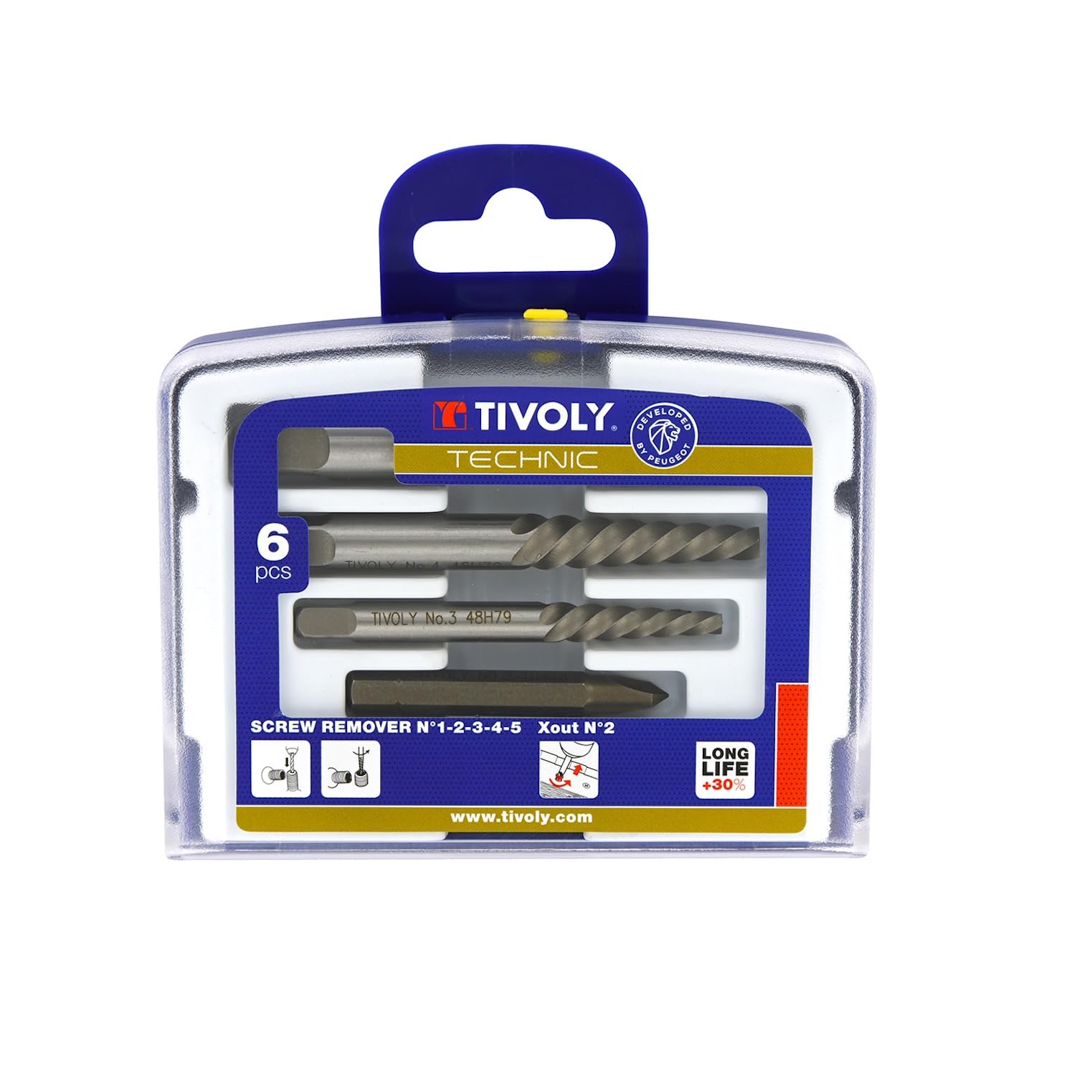 TIVOLY - Damaged Screw Extractor Set - 5 HCS Extractors: N1-N2-N3-N4-N5 + 1 X-Out N2 - For Extraction of M4 to M18 Screws and Studs