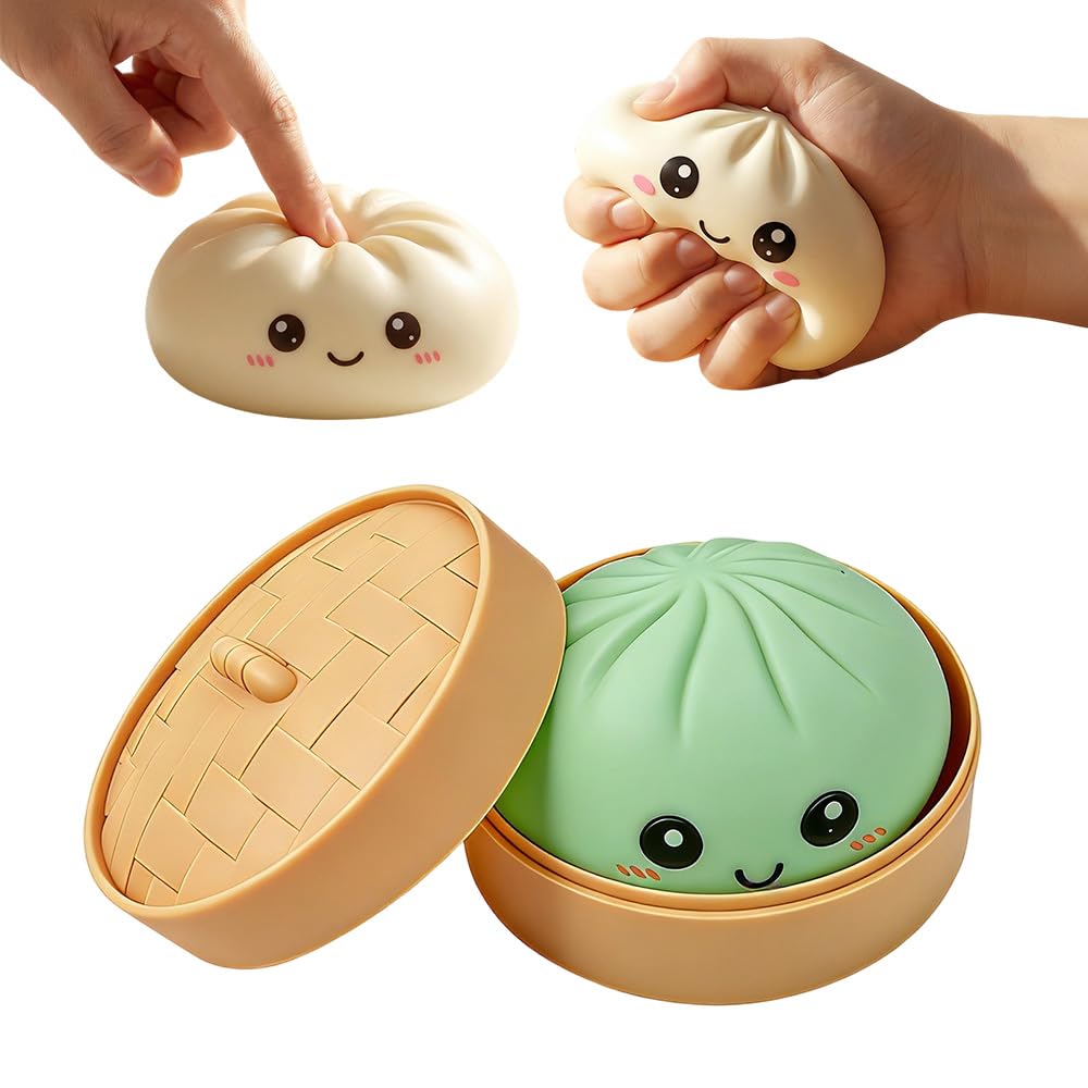 Dumpling Squishies Stress Ball, 2026 Upgraded Dumplings Stress Balls Fidget Sensory Balls, Squeeze Dough Ball Stress Relief Hand with Food Steamer, Relaxation Gift (Green)