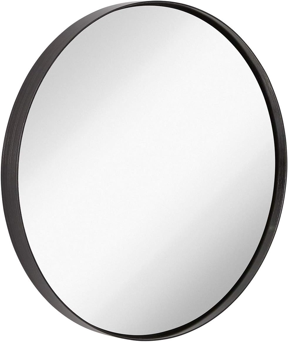 Hamilton Hills Contemporary Brushed Metal Black Wall Mirror | Glass Panel Brushed Black Framed Rounded Circle Deep Set Design (18" Round): Home & Kitchen