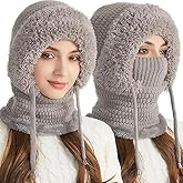 3-in-1 Women's Winter Beanie Hat Set - Fleece-Lined Knit Beanie, Scarf & Mask Combo for Ultimate Warmth & Style - Perfect for Snowy Days Grey