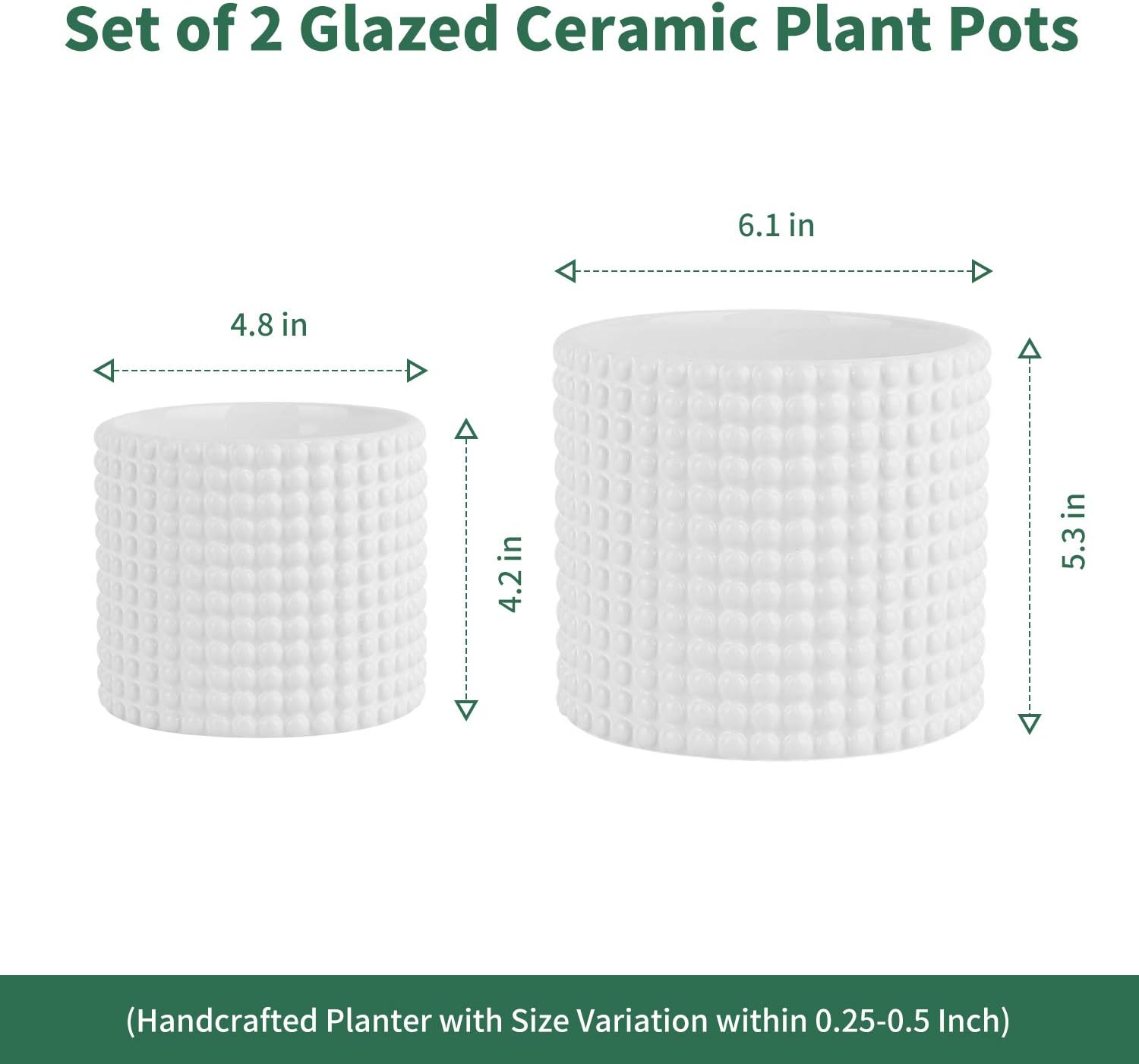 White Ceramic Vintage Style Hobnail Patterned Planter Pots - 6 and 5 Inch Containers with Watering Drain Plug for Indoor Succulent Plants or Flowers : Garden & Outdoor