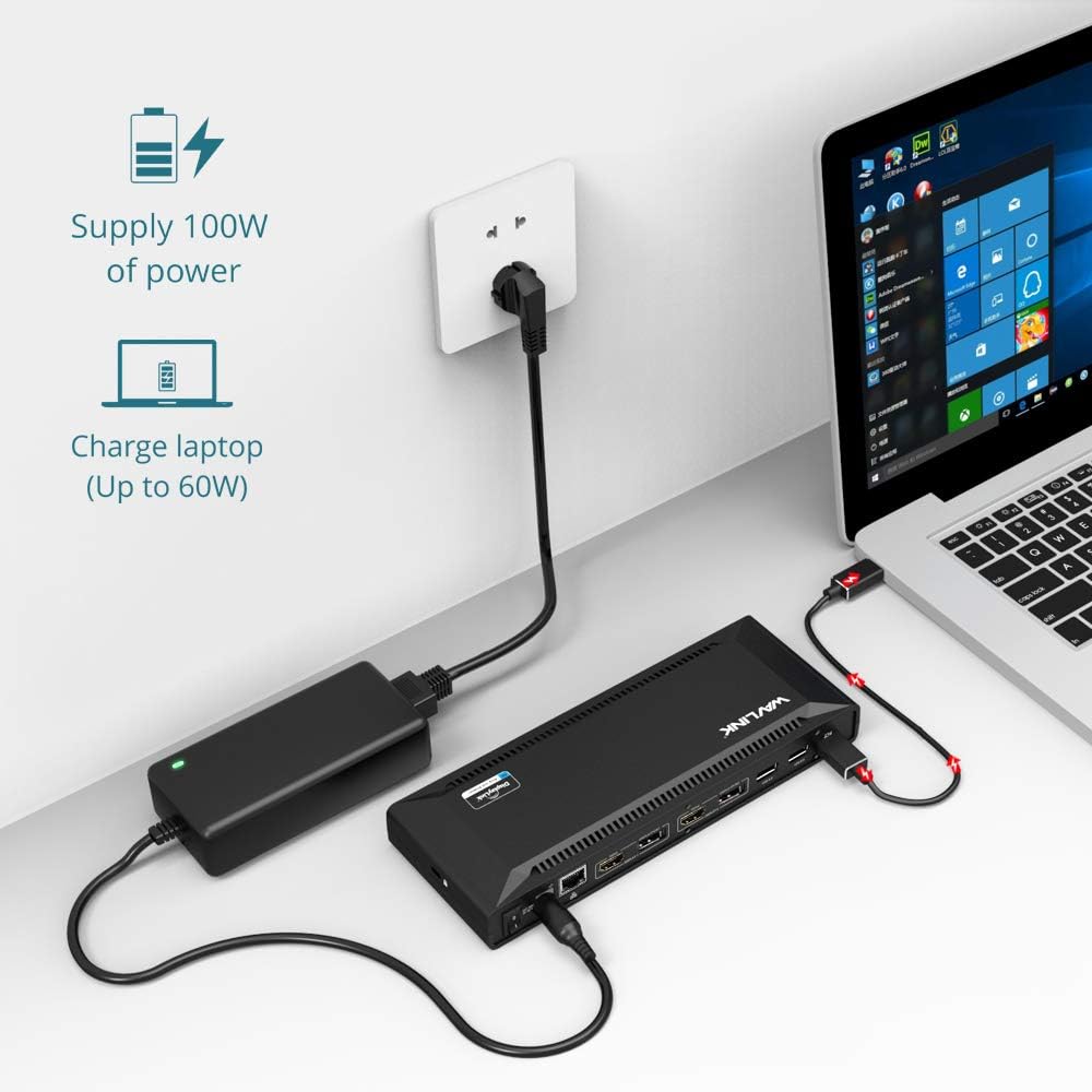 WAVLINK USB 3.0 / USB C Dual 4K Display Docking Station with DisplayPort and HDMI for Windows or macOS Support 65W Power Charge to Host Computer - Image 4