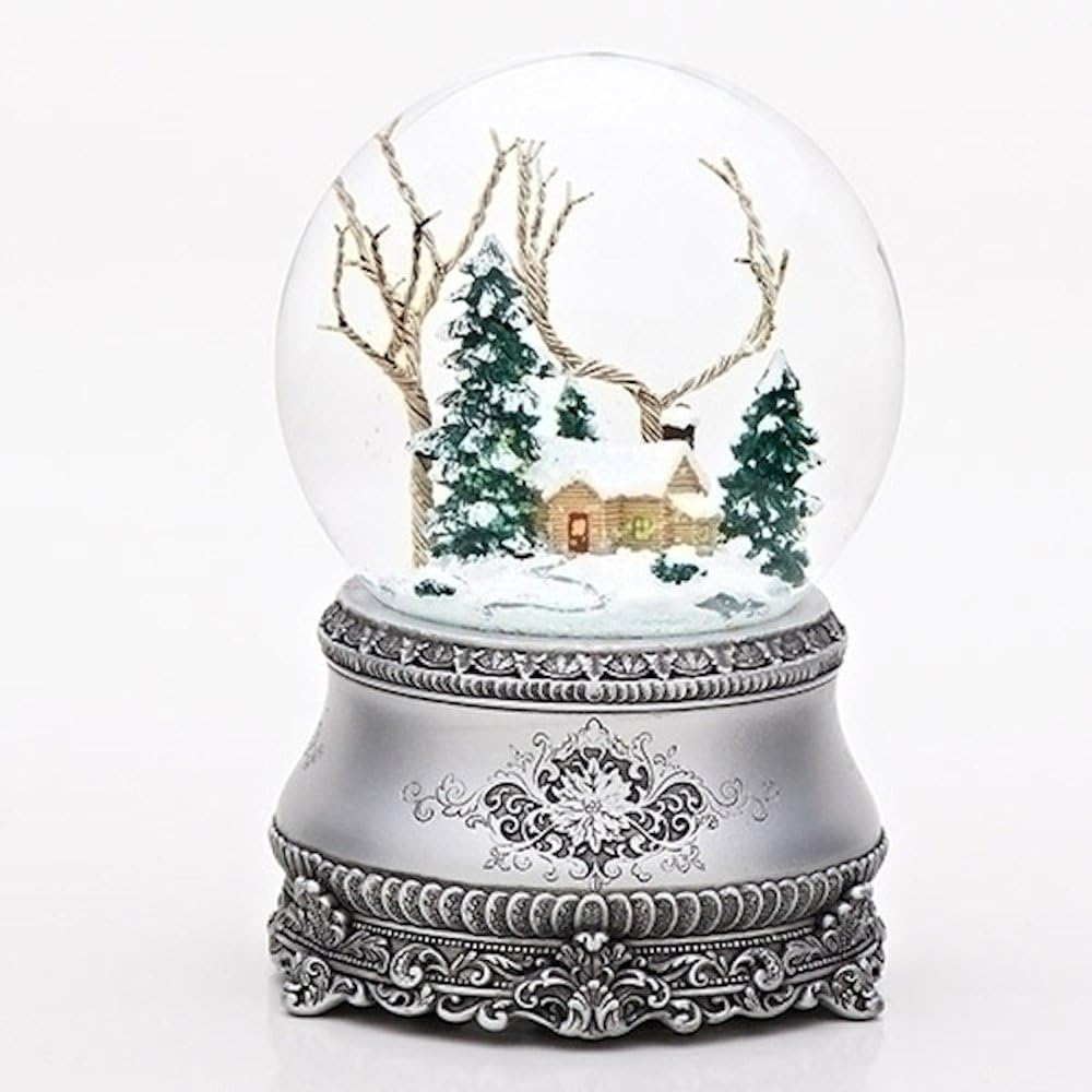Snow Globes - Roman 5.5 Inch Tall Musical Cottage Glitterdome with Silver Base Windup 100MM