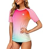 AOBUTE Women Short Sleeve Rash Guard Gradient Sun Protection Swim Shirts