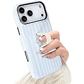 Jefonha Compatible with iPhone 17 Pro Max Case with Finger Strap Kickstand, Stylish Chic Striped Phone Case for Women Men, Dual-Layer Shockproof Cover for 17 Pro Max, White Blue Stripes