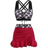 ROSE GAL Plus Size Gothic Skulls 2 Piece Swimsuits for Women Two Piece Tankini Set