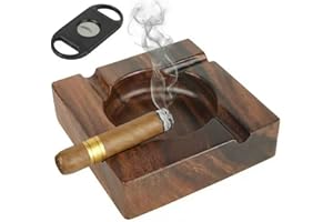 BESUPERT Premium Wooden Cigar Ashtray with Cigar Cutter, Large Cigarette Ash Tray Set with 4 Slot Holder, Accessories Outdoor Indoor Home Bar Use, Ideal Christmas Father's Day Gift for Men
