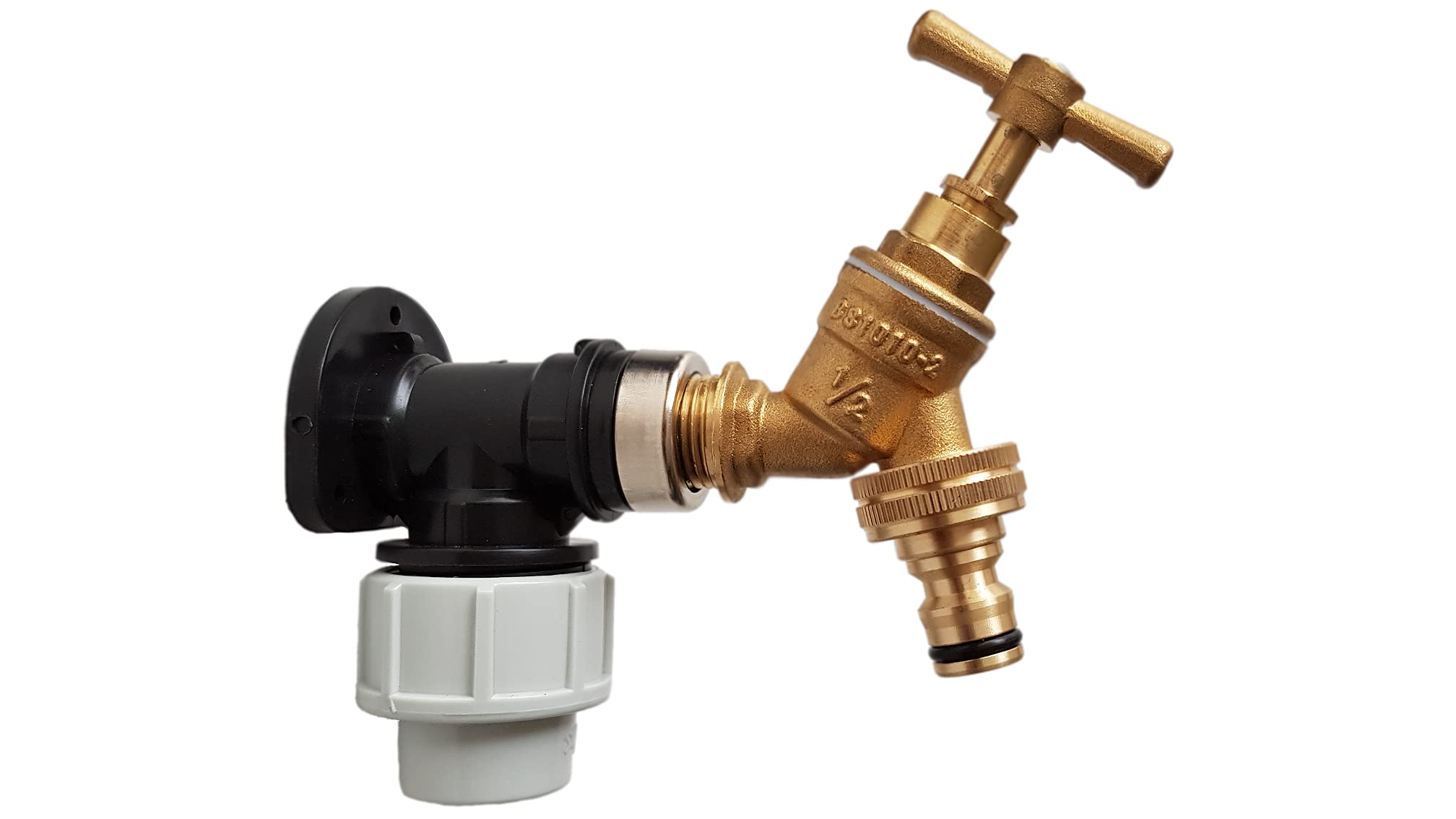 25mm mdpe Water Supply Pipe Wall Plate/Back Plate with Solid Brass Traditional bib tap+ Universal Size Click-Connector for Garden/Outdoor Watering/Irrigation