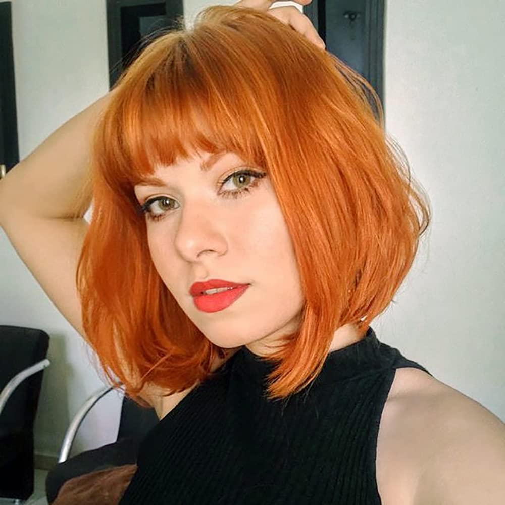 YEESHEDO Women's Short Bob Wigs Straight with Flat Bangs Colorful Auburn Hair Cosplay Party Halloween Costume Replacement Wig for Girls Heat Resistant Synthetic Natural As Real Hair 12" (Orange)