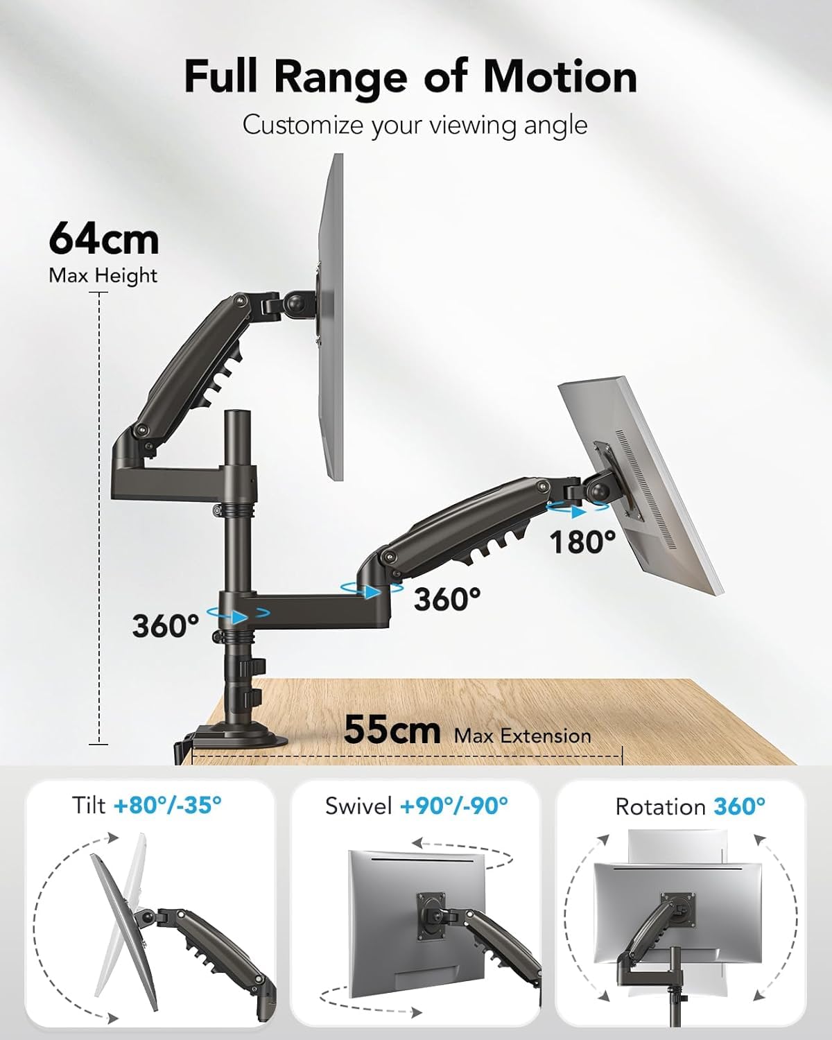 HUANUO Monitor Halterung 2 Monitore für 13-32 Zoll Bildschirm, Gaming Monitorhalterung 2 Monitore Höhenverstellbar mit 9KG Pro Arm, Bildschirmhalterung Neigbar Schwenkbar, VESA 75/100mm 3