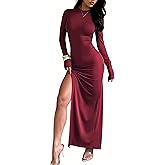 Velius Women Sexy Turtleneck Backless Long Sleeve High Slit Maxi Bodycon Lounge Dress