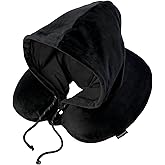 Brookstone Neck Travel Pillow - U-Shaped Memory Foam Hooded Neck Pillow with Snap Closure for Sleeping Airplane Car Travels, Size One Size, Black