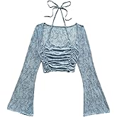 Floerns Women's Plus Size Floral Bell Sleeve T Shirts Halter Neck Ruched Y2k Crop Tops