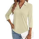 LYHIPSS 3/4 Length Sleeve Womens Tops Dressy Casual V Neck Polo Shirts Business Work Blouses 2025 Trendy Tunic Top