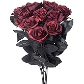 Drwflohe 10pcs Artificial Black Rose Flowers, Single Stem Fake Silk Flowers Bridal Wedding Bouquet (Burgundy/10pcs)