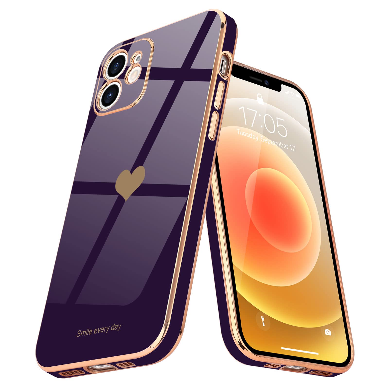 Teageo for iPhone 12 Case Cute Heart Pattern for Women Girls Slim Luxury Bling Plating Soft TPU Anti-Scratch Shockproof Bumper Phone Case for iPhone 12, Dark Purple