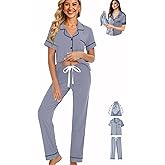 WJing Yi Jia Womens 3Pcs Pajamas Set Soft Pajama Sets Button Down Pjs Set Knit Sleepwear Lounge Sets with Long Pants XS-XXL