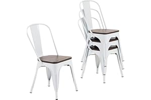Nazhura Metal Dining Chair Farmhouse Tolix Style for Kitchen Dining Room Café Restaurant Bistro Patio, 18 Inch, Stackable, Waterproof Indoor/Outdoor (Sets of 4) (White with Wood Padding)