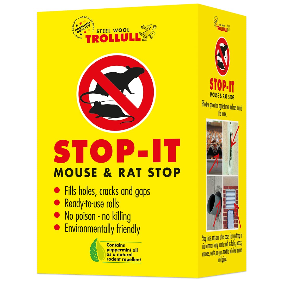 TROLLULL Stop-it: 17 rust-free steel wool | wire wool rolls, 1 wooden tamper – Fights mice, plugs holes – Poison-free pest control
