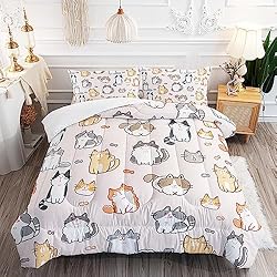 XYNHML Kids Cute Cat Comforter Set Twin Size 3Pcs