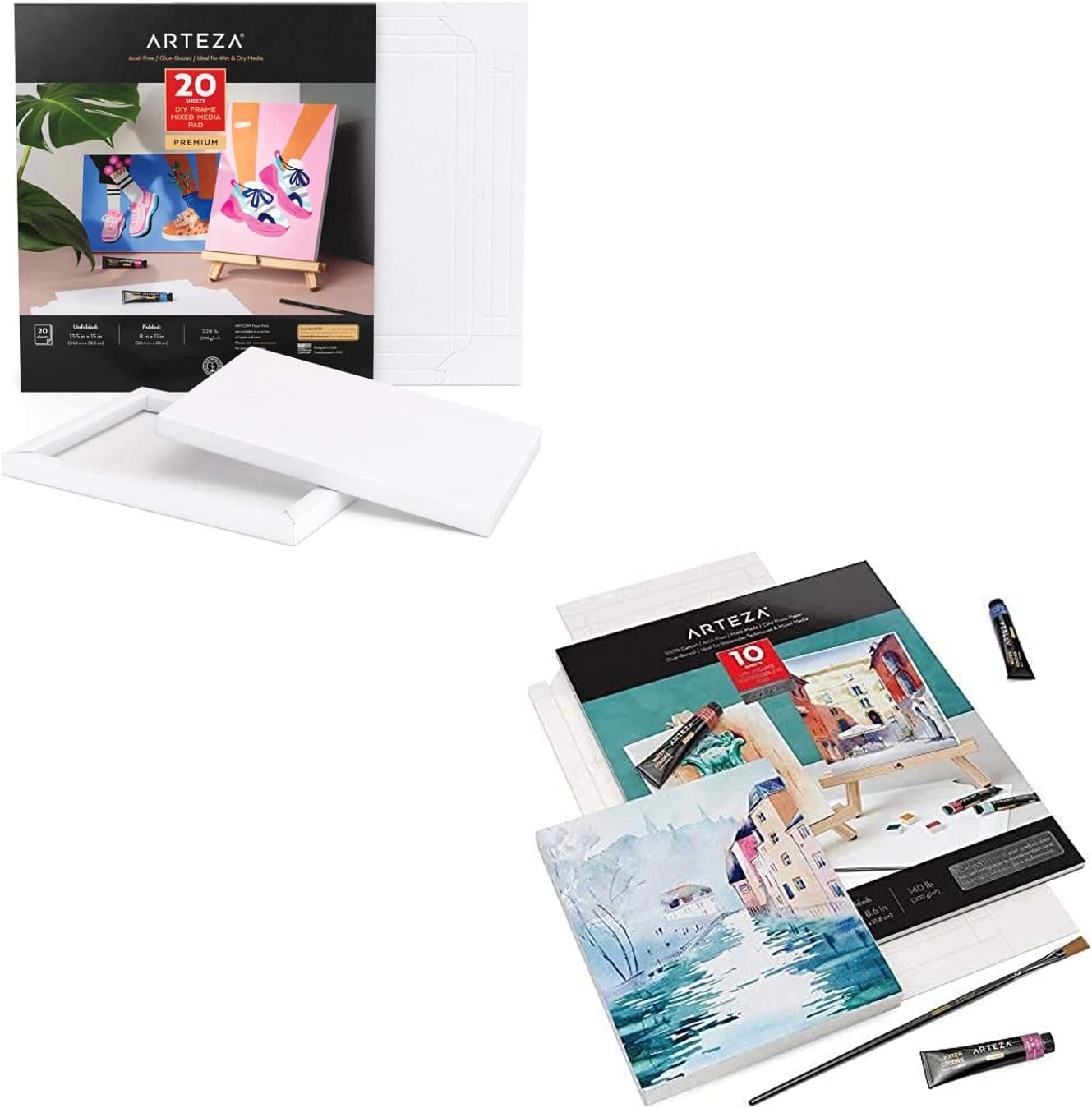 Arteza Watercolor Paper Canvas Pad Folded Size 7x8.6 10 Sheets and Mixed Media Paper Foldable Canvas Pad 8x11 Inches 20 Sheets Bundle, Painting Art Supplies for Artist, Hobby Painters & Beginners