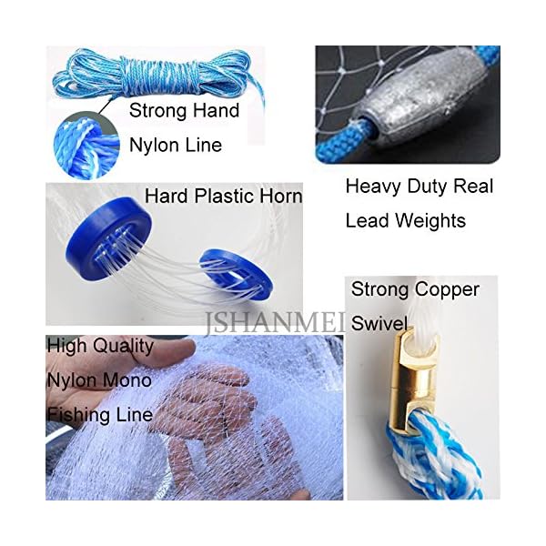 JSHANMEI-Handmade-American-Saltwater-Fishing-Cast-Net-with-Heavy-Duty-Real-Lead-Weights-for-Bait-Trap-Fish-5ft6ft7ft8ft9ft10ft-Radius-38inch-Mesh-Size-With-A-Bucket