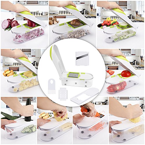 E-Gtong Vegetable Chopper and Food Slicer, Vegetable Slicer with 9 Interchangeable Blades, Potato Onion Chopper and Cutter for Vegetable and Fruit with Big Container, Cleaner and Hand Protector