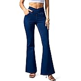 Flvsun Womens High Waisted Flare Jean Leggings Bell Bottom Jeans for Women Knit Crossover Stretchy Bootcut Jeans.