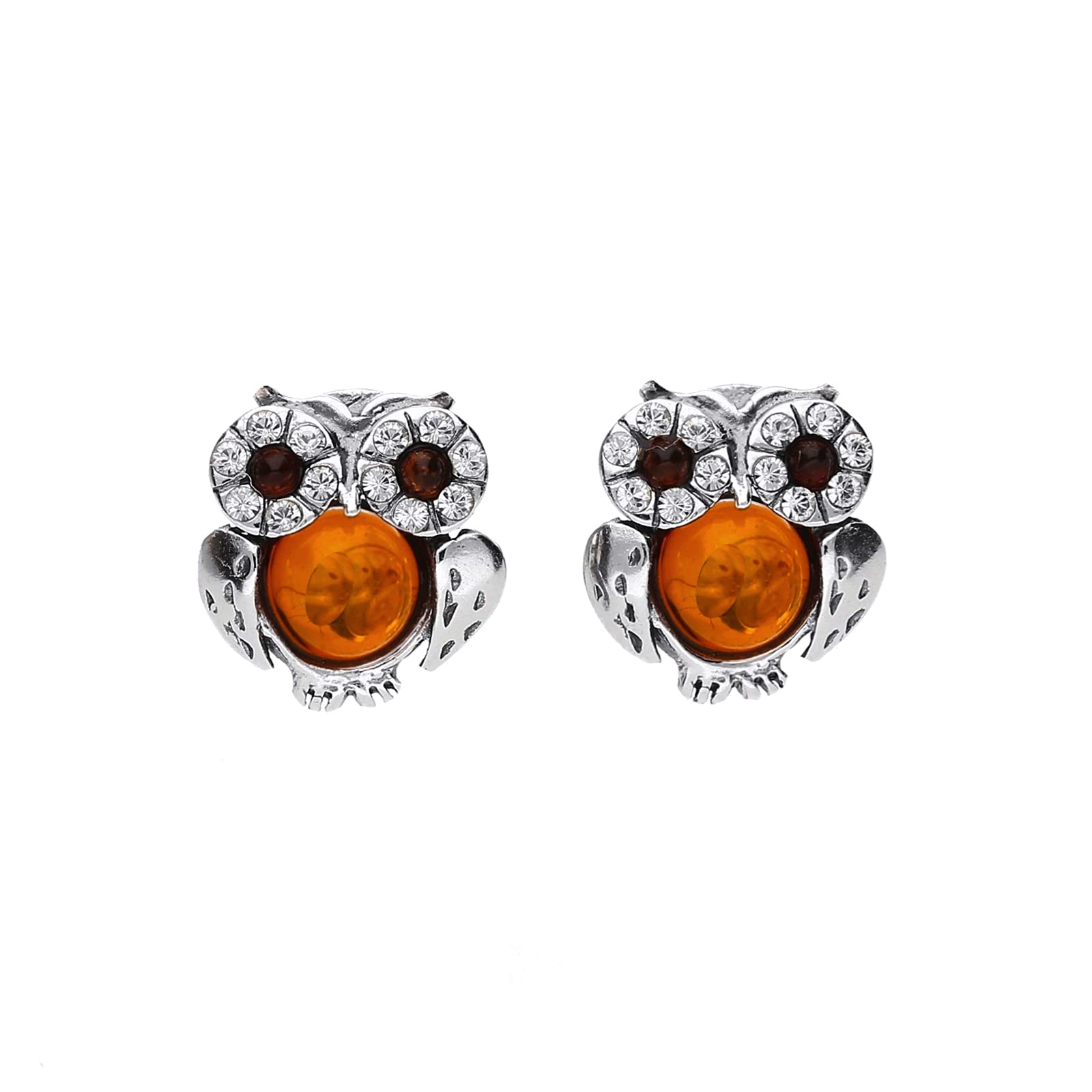 Kiara Jewellery 925 Sterling Silver Owl Stud Earrings Inlaid with Baltic Brown Amber And Cubic Zirconia