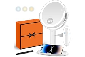 MIYADIVA Makeup Mirror with Lights, 20X Magnifying Mirror with Light and Touch Switch, Vanity Mirror with 3 Color Light and 80 LEDs, Height Adjustable Desk Mirror with Lights, White