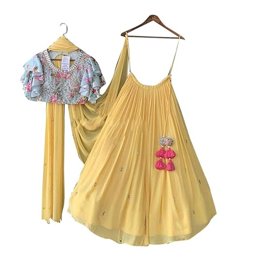 Womens Georgette Embroidery Lehenga Choli (YF-80, Yellow, 40 W x 30 L)