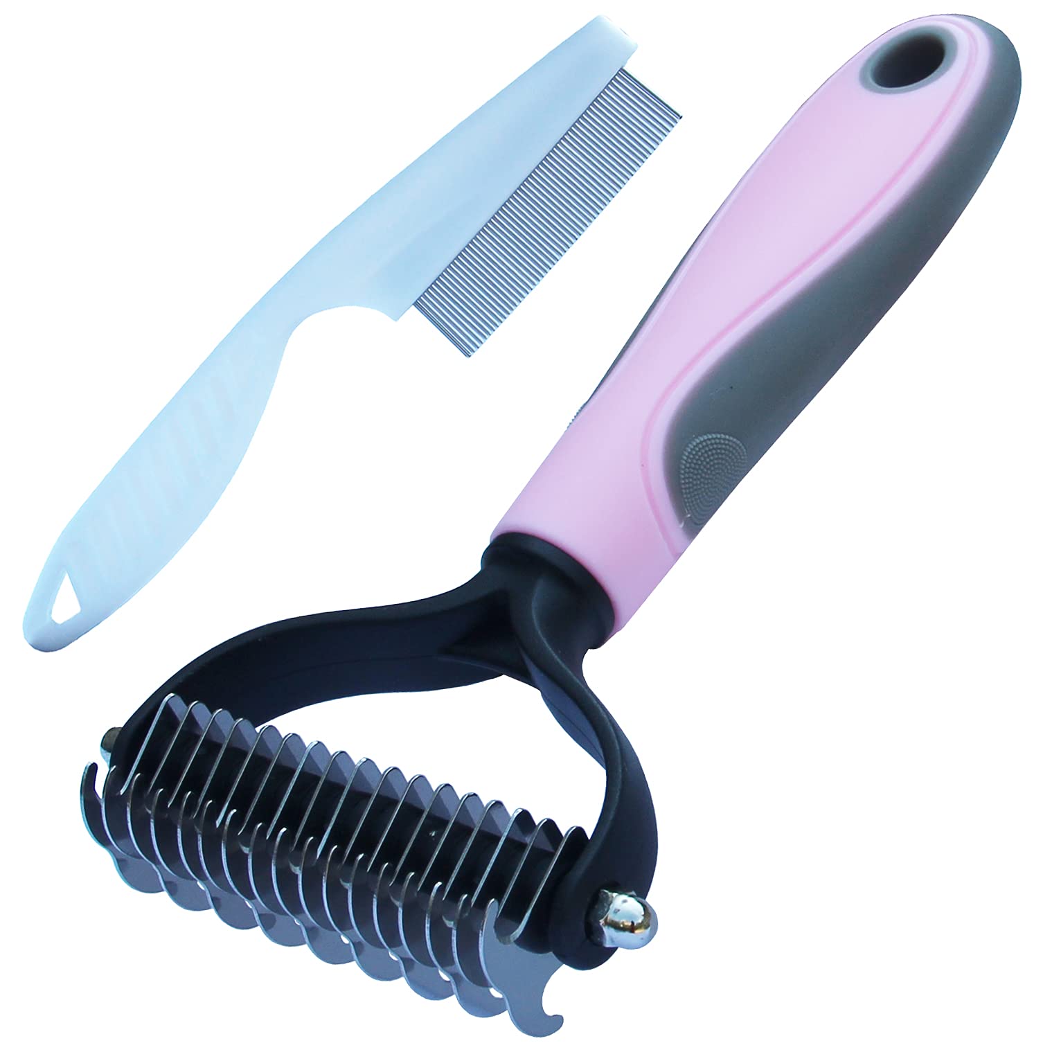Flea Comb Set - Large, Pink - Double Sided Shedding & Dematting Rake Comb for Dogs & Cats