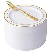 Nervure 204PCS Gold Dessert Plates with Forks - 102PCS 7.5inch Disposable Gold Plastic Plates and 102PCS Plastic Forks Perfect for Salads, Desserts, Parties, Catering, Christmas & Party & Father's Day