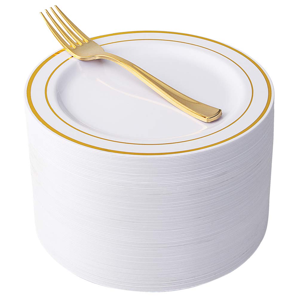 Photo 1 of Nervure 204PCS Gold Dessert Plates with Forks - 102PCS 7.5inch Disposable Gold Plastic Plates and 102PCS Plastic Forks Perfect for Salads, Desserts, Parties, Catering, Christmas & Party & Father's Day