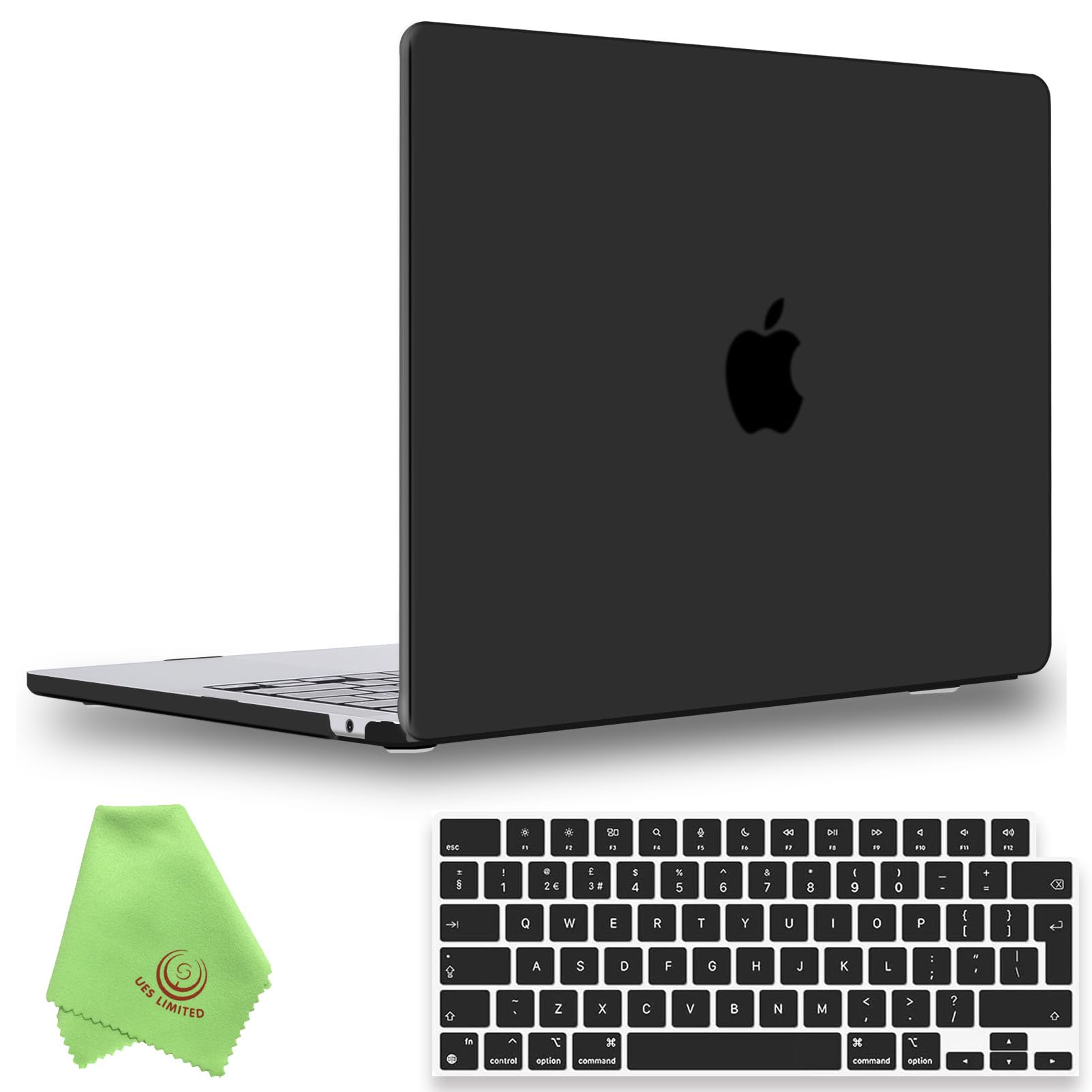 UESWILL 2in1 Compatible with MacBook Air (15 inch, M2 M3 M4 M5, 2023 2024 2025 2026) Model A3448 A3241 A3114 A2941, Matte Hard Shell Case + EU Layout Keyboard Cover + Microfiber Cloth, Black