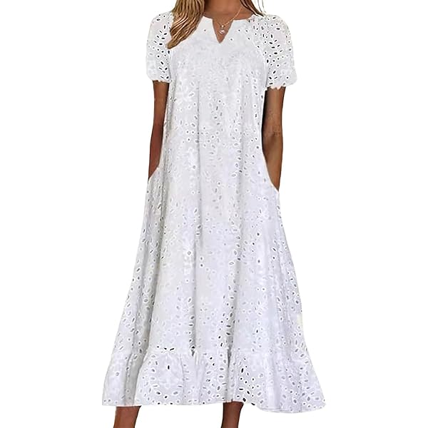 パーティードレス Cotton Eyelet Ruffle Shirt Dress chouyatou Women Summer Ruffle Hem Floral Lace Eyelet Dress